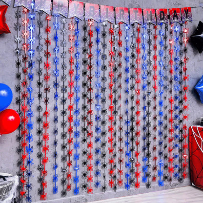 Bupelo Spider Web Birthday Decorations,2 Pack Red Black and Blue Spider Birthday Party Supplies 3.3 x 6.6ft Tinsel Foil Fringe Curtains Photo Booth Props Backdrop Streamers, House Room Decor for Boys