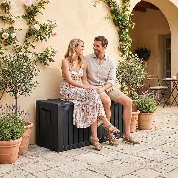 ROJIK 95 Gallon Outdoor Storage Box Waterproof,Weatherproof Deck Boxes Outdoor Lockable,Resin Outside Storage Box for Garden Tools,Cushions,Pool Accessories(Black)