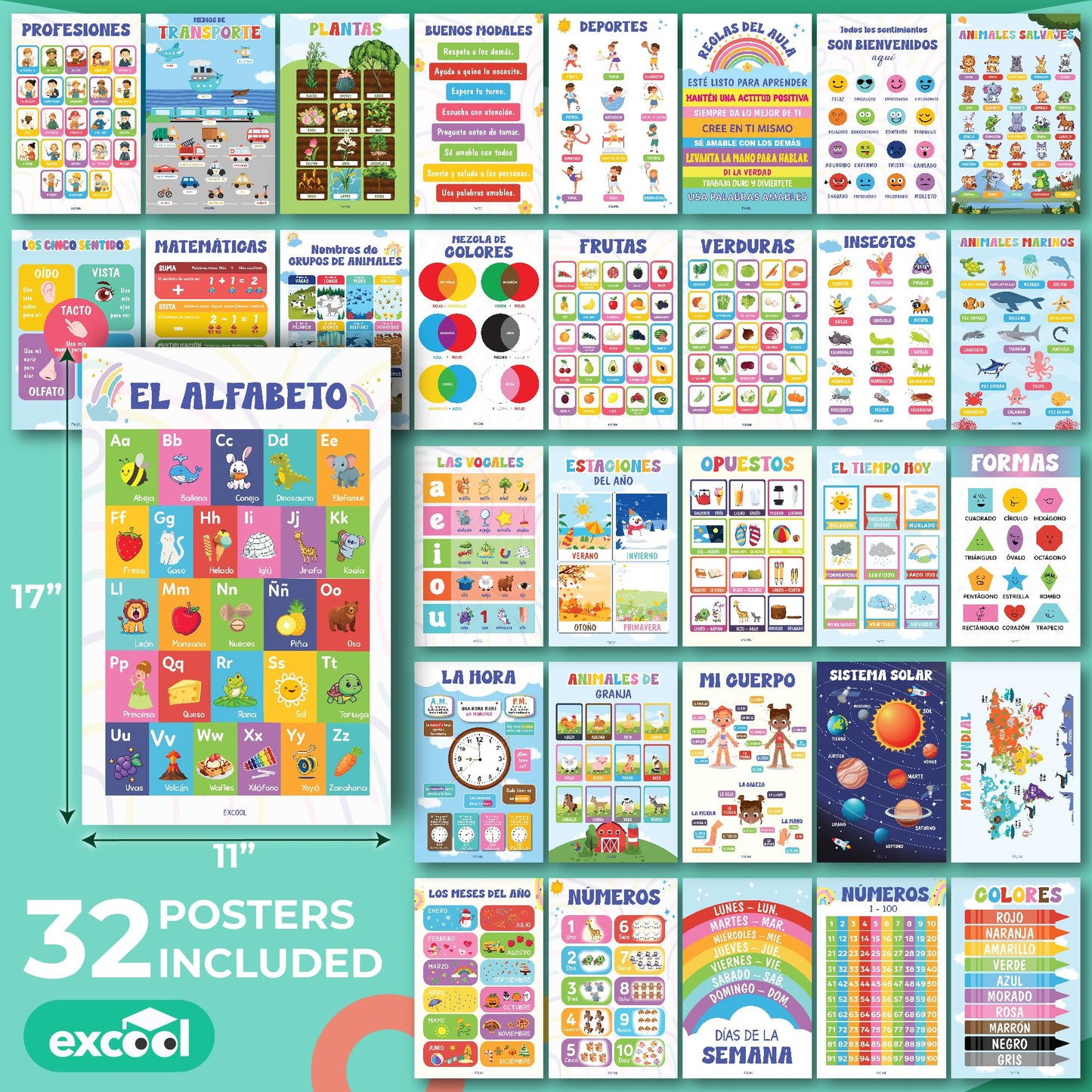 EXCOOL CLUB 32 Spanish Classroom Posters For Elementary - Colorful Bilingual Educational Posters For Toddlers 1-3, Laminated Learning Poster Preschool Must Haves, Abecedario Para Niños En Español