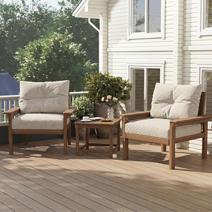 3 Piece HDPE Outdoor Patio Furniture Set, All-Weather 2 Armchairs with Side Table, Patio Conversation Set with Beige Washable Thick Cushion for Balcony/Porch/Backyard (Teak Frame)