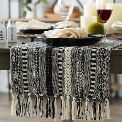 DII Farmhouse Braided Stripe Table Runner Collection, 15x72 (15x77, Fringe Included), Black