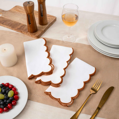 Blue Needles Scalloped Embroidery Cloth Napkins - 100% Cotton Set of 4 White Cloth Napkins with Scallop Design, 17 X 17 Inch Soft, Reusable, Washable Spring Summer Easter Table Decor - Edges - Rust
