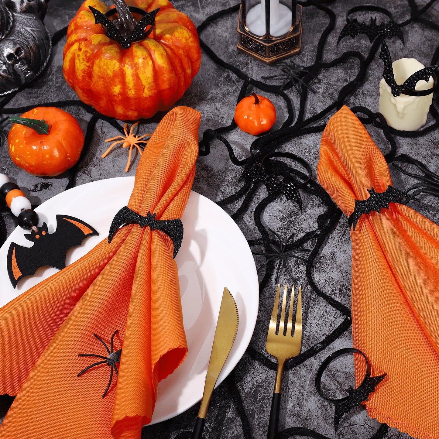 Whaline 16Pcs Halloween Bat Napkin Ring with Washable Orange Cloth Dinner Napkins 4 Designs Black Bat Metal Napkin Ring Holders for Home Dinner Table Setting
