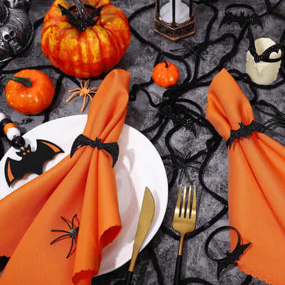 Whaline 16Pcs Halloween Bat Napkin Ring with Washable Orange Cloth Dinner Napkins 4 Designs Black Bat Metal Napkin Ring Holders for Home Dinner Table Setting