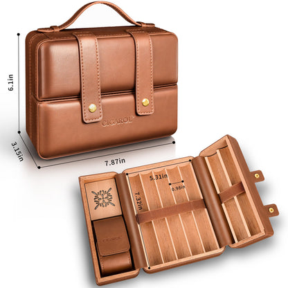 Cigarol Double Opening Travel Cigar Humidor, Leather Cigar Case with Cedar Wood Lining & Built-in Humidifier, Portable Cigar Storage Box, Luxury Cigar Gift for Men (Brown)