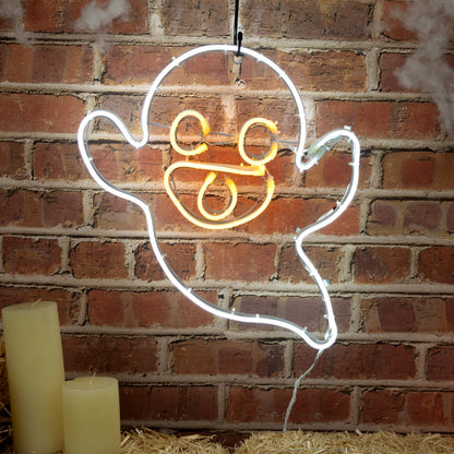 Alpine Corporation 17" Indoor/Outdoor Neon Tube Ghost Lights Decor with Flashing Mouth LED Lights, Hanging Decor