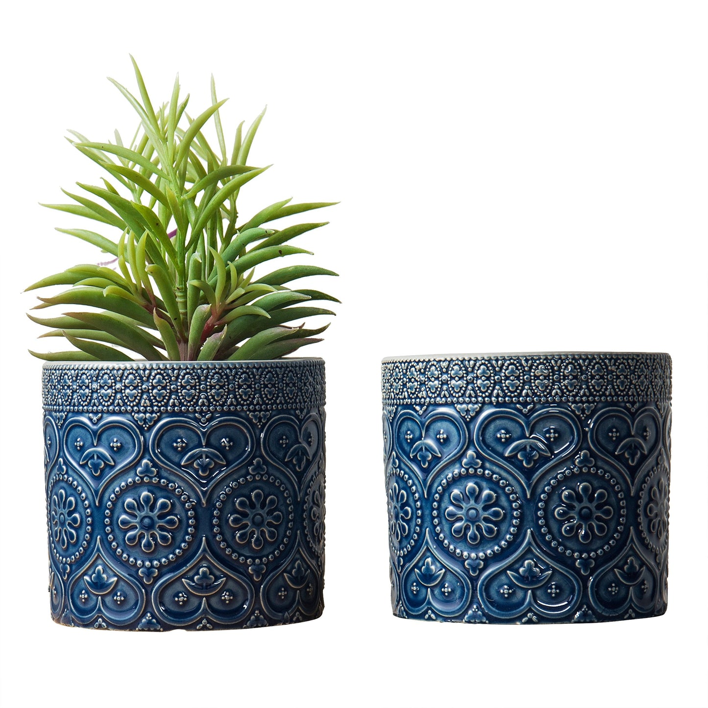 MyGift 4 Inch Cobalt Blue Ceramic Indoor Small Planter Vase, Succulent Plant Pot with Embossed Design and Solid Bottom, Set of 2