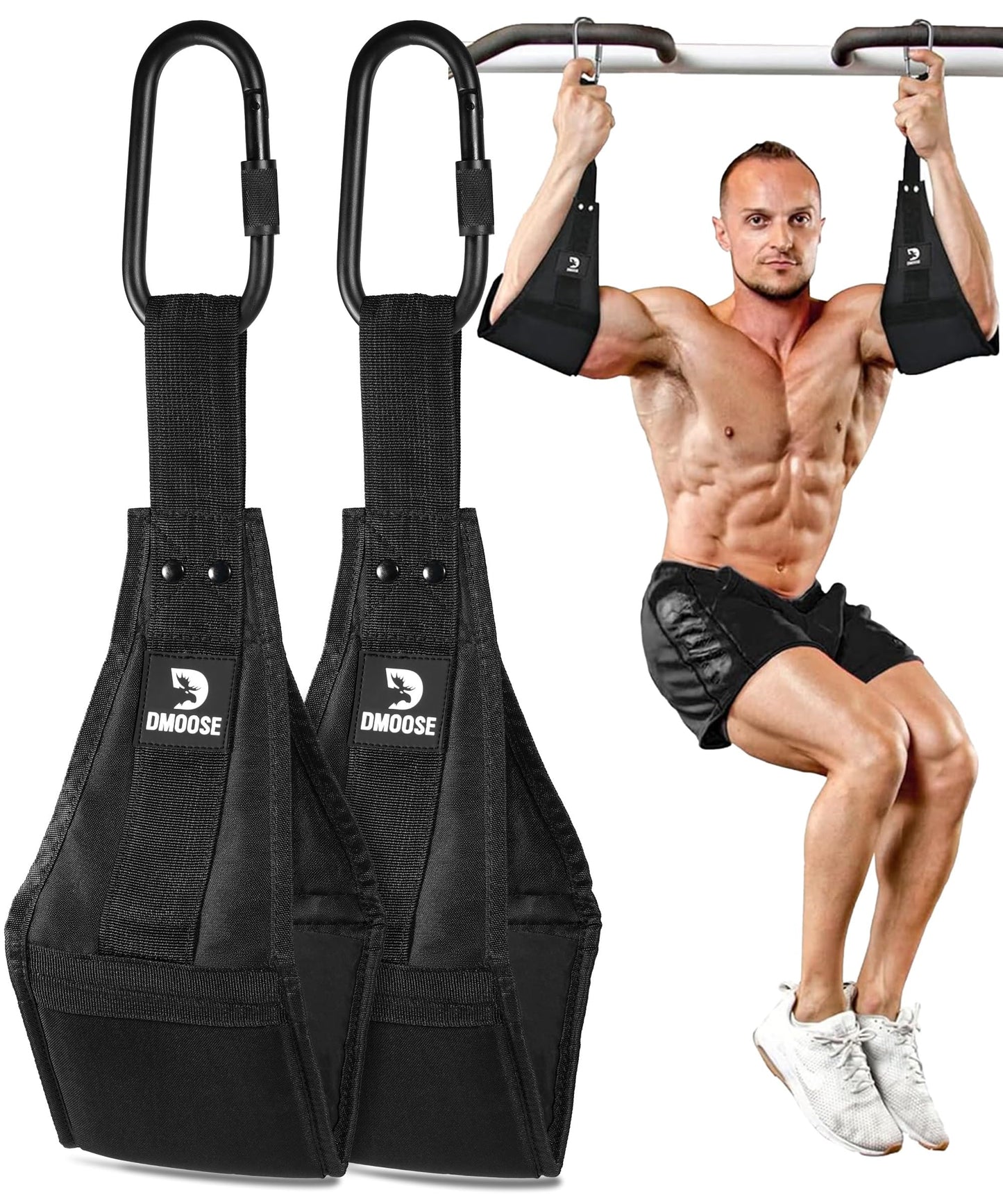 DMoose Fitness Hanging Ab Straps for Pull Up Bar & Core Strength Training - Soft Padded Exercise Straps for Ab Swing & Leg Raises, Hang Bar Strap with 2 Steel Carabiners - Abs Equipment for Home & Gym
