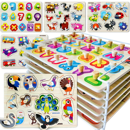 QUOKKA Wooden Puzzles for Toddlers 1-3 - 6XSET Toddler Puzzles Ages 2-4 with Rack - Learning Alphabet - Numbers - Animals Montessori Toy for Kids 3-5 - Wood Games Gift for Boys and Girls