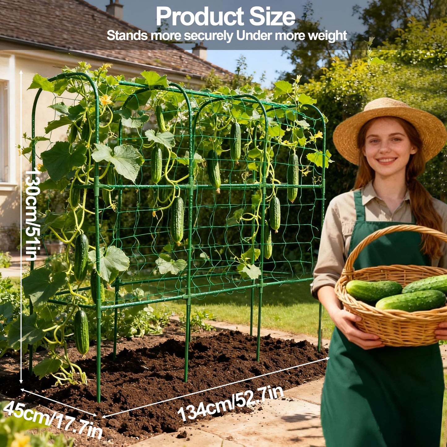 Garden Cucumber Trellis for Climbing Plants, Outdoor Metal Garden Arch Trellis, Plant Support for Vegetables Tomato Trellis Raised Garden Bed (Green, 47.2" Lx21.6 WX47.2 H-M)