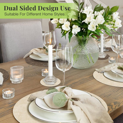 13-Inch Faux Leather Round Placemats Set of 6, Waterproof Anti-Slip Dual Sided Place mats, Heat Resistant Washable Table Mats with Coaster, Suitable for Indoor & Outdoor (6, Beige Dark Coffee)