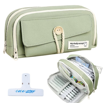 UIVXXUD Simple Style Cotton Rope Pencil Holder - Large Capacity Multi-layered Pencil Case Organizer, Aesthetic Minimalist Fabric Pen Pouch with Zipper, Durable Eco-Friendly Pen Pouch Bag (Green)