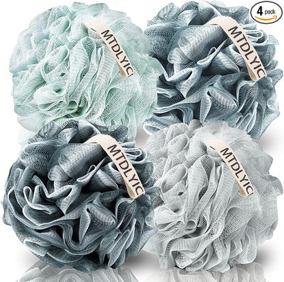 MTDLYICE Loofah Sponge, XXL Large Loofah 100g 4 Pack, Bath Sponge Soft Mesh Shower Loofah for Men, Body Scrub, Shower Pouf Bath Accessories, for Body Wash, Soap (Blue Gray)