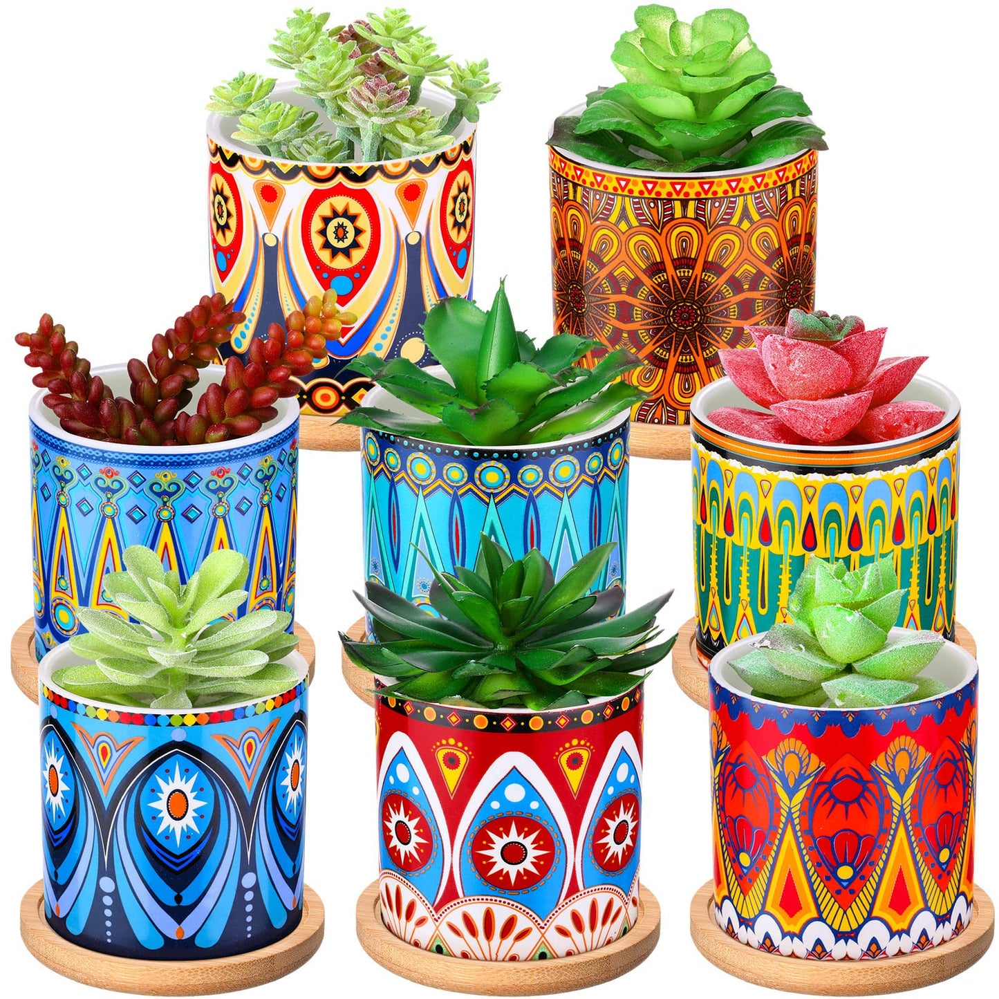 Zopeal 8 Pcs 3 Inch Succulent Planter Pot Ceramic Cactus Pots with Drainage Holes and Bamboo Trays for Indoor Plants Flowers for Home Garden Mexican Party Decor