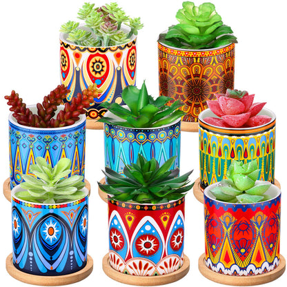 Zopeal 8 Pcs 3 Inch Succulent Planter Pot Ceramic Cactus Pots with Drainage Holes and Bamboo Trays for Indoor Plants Flowers for Home Garden Mexican Party Decor
