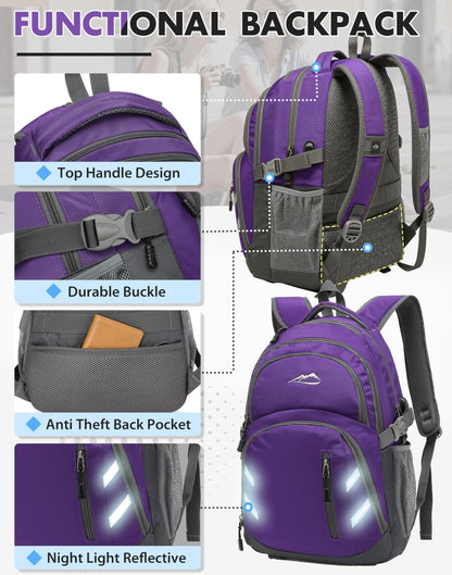 ProEtrade Backpack Bookbag for College Laptop Travel, Fit Laptop Up to 15.6 inch with USB Charging Port Multi Compartment Anti theft, Gift for Women Men (Purple)