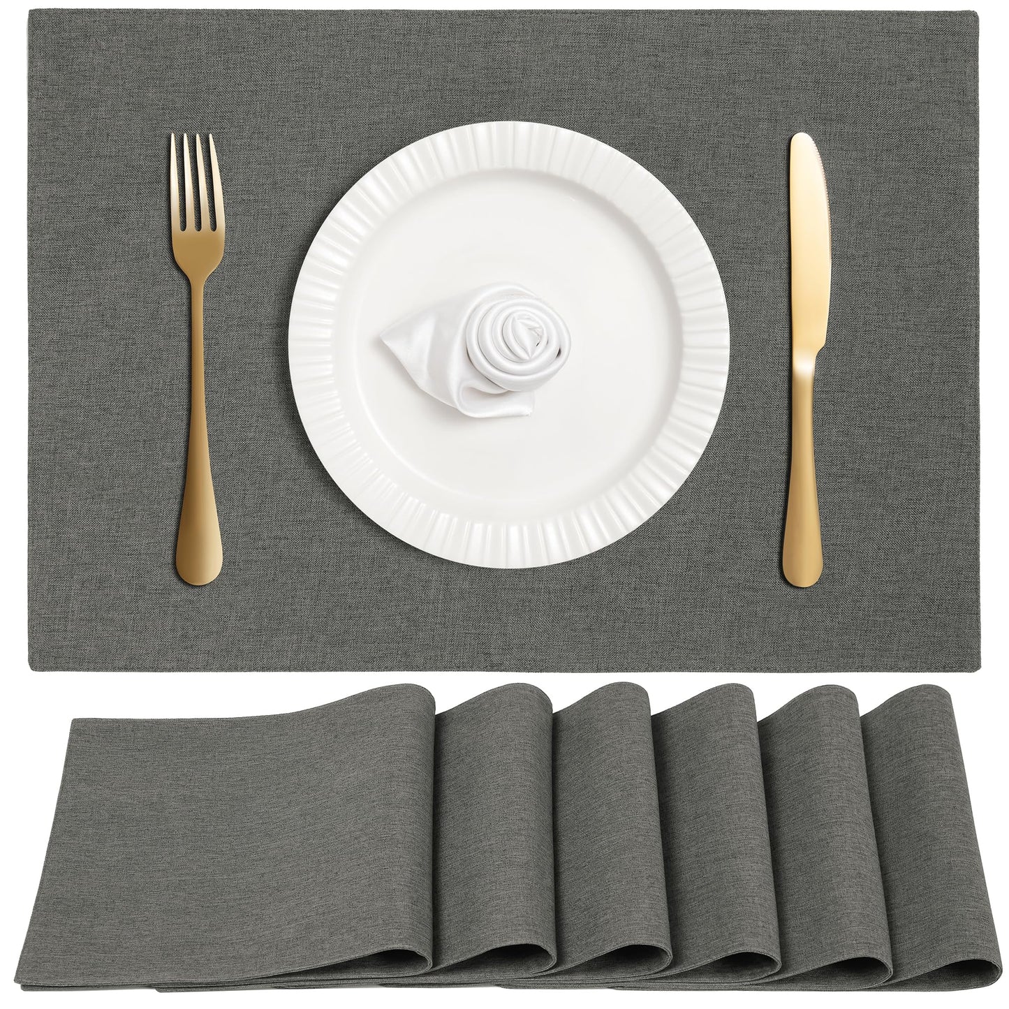 Linen Cloth Double Layers Placemats, Cotton Woven Placemats Set of 6, Kitchen Table Farmhouse Decor Heat Resistant Table Mats, Outdoor Indoor Square Fabric Place Mats Can be Washable (Dark Gray)