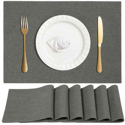 Linen Cloth Double Layers Placemats, Cotton Woven Placemats Set of 6, Kitchen Table Farmhouse Decor Heat Resistant Table Mats, Outdoor Indoor Square Fabric Place Mats Can be Washable (Dark Gray)