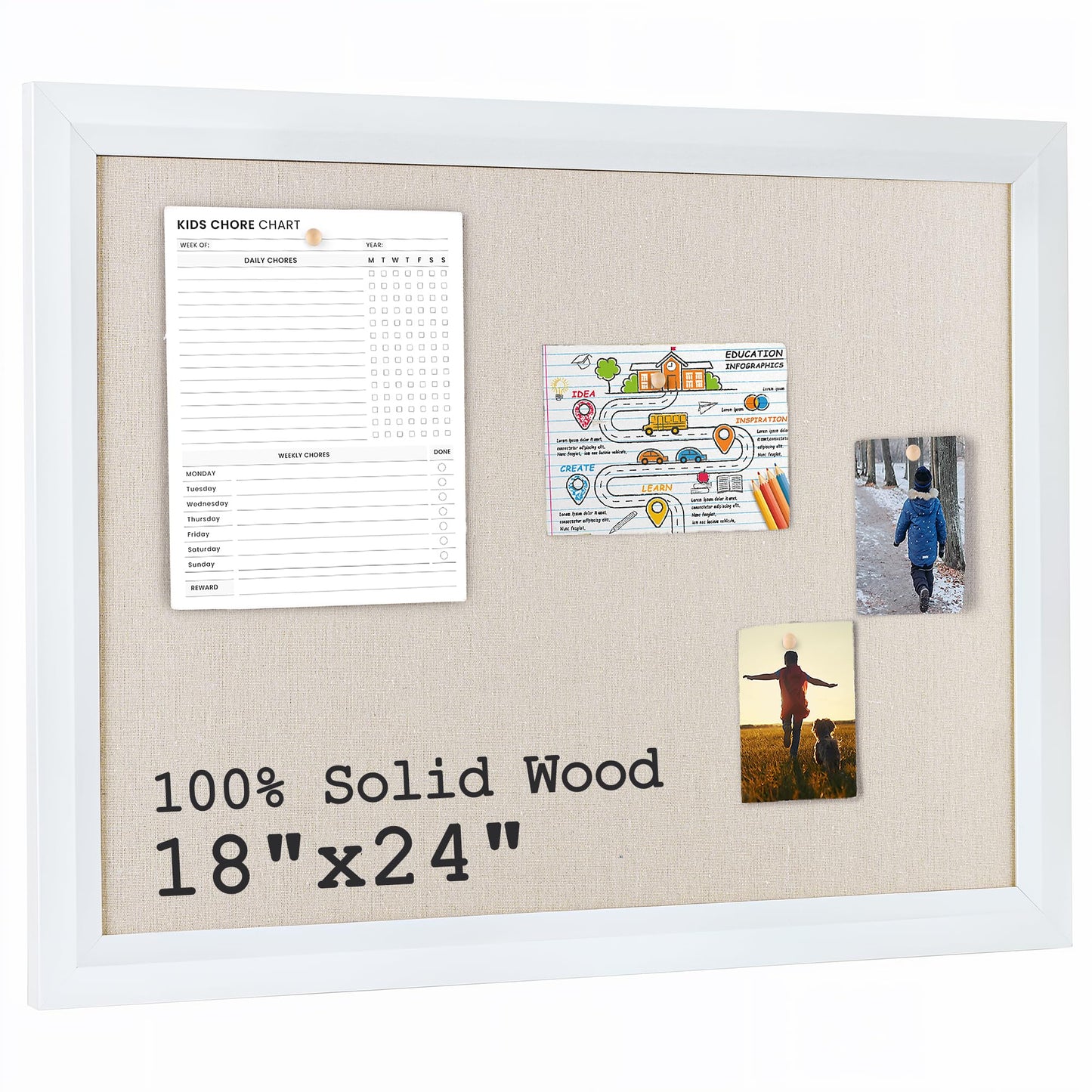 Bulletin Board Cork Board with Linen, 100% Wood Framed 18" x 24" Bulletin Board Decorations, Pin Boards for Walls, Wall Mounted Fabric Picture Board with 10 Pushpins for School, Home & Office, White
