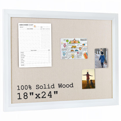 Bulletin Board Cork Board with Linen, 100% Wood Framed 18" x 24" Bulletin Board Decorations, Pin Boards for Walls, Wall Mounted Fabric Picture Board with 10 Pushpins for School, Home & Office, White