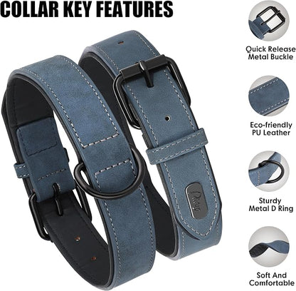 Didog Soft Padded PU Leather Dog Collar, Breathable and Adjustable Dog Collars for Small Dogs, Comfortable for Daily Walk, Blue, M Fit Neck 11-14"(10-20 lbs)