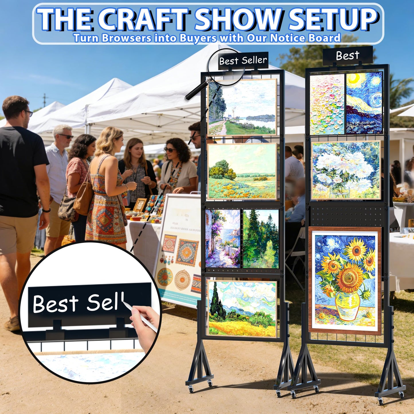 Alyoen Grid Wall Panels, Gridwall Panel Display Stand with Notice Board, Movable 5.1 x 1.4 Ft Floorstanding Wire Grid Rack, Sturdy Retail Display Racks for Vendor Events, Art Craft Shows