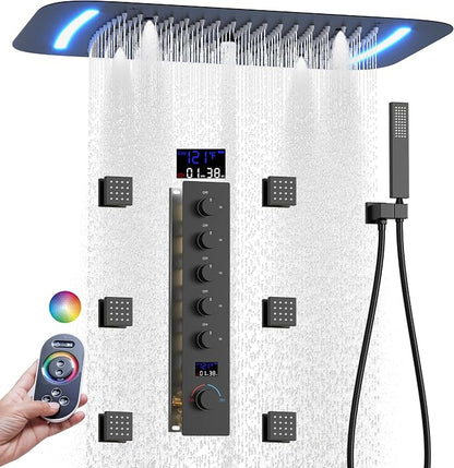 AYIVG Matte Black Shower System With Body Jets Thermostatic Shower System 64 Color LED Shower Set 16 x 26 Inch Embedded Ceiling Shower Head with Remote Control Temperature Display Shower Faucet Set