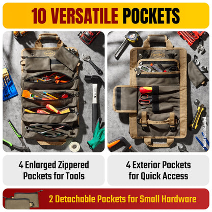 The Ryker Bag Tool Roll Organizer with Detachable Pockets – Heavy Duty Roll-Up ToolBag for Mechanics, Electricians, Plumbers, Contractors, Garage & Job Site Use Gift for Dads (AP-TR)