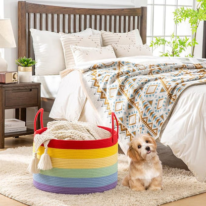 KAKAMAY Large Blanket Basket (20"x13"),Woven Baskets for storage Baby Laundry Hamper, Cotton Rope Blanket Basket for Living Room, Laundry, Nursery, Pillows, Baby Toy chest (Rainbow)