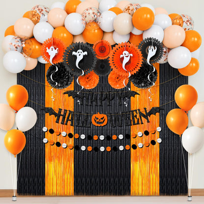 KatchOn, Halloween Decoration Bundle – 71 Pack Hanging Halloween Set with Banner, Garlands, Ghost Swirls, Pumpkins And Orange And Black Decoration Set with Fringe Backdrop And Balloon Arch Kit