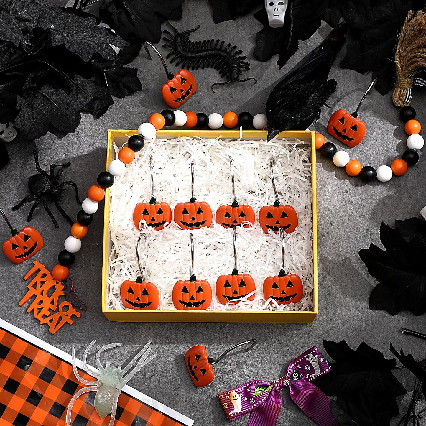 Yungyan 12 Pcs Halloween Shower Curtain Hooks Pumpkin Curtain Hangers Orange Autumn Fall Decorative Rings for Halloween Bathroom Restroom Decor