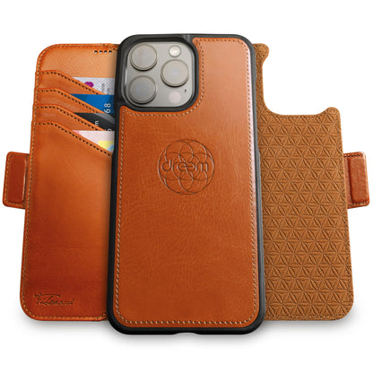 Dreem Wallet Case for iPhone 15 Pro, Revolutionary Vert/Hor Phone Stand, Magnetic Detachable Vegan Leather Flip Cover RFID Blocking Card Holder, MagSafe-Fit, Gift Box [Fibonacci: Caramel]