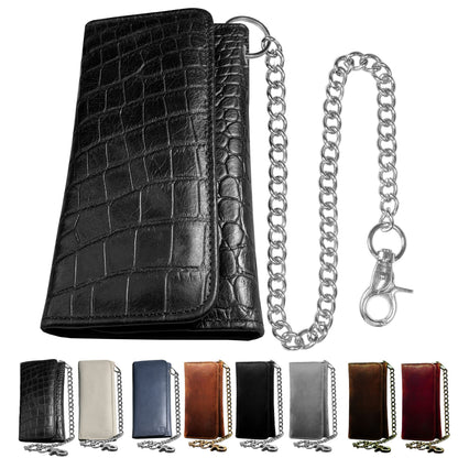 IBRO Motorcycle Chain Wallet for Men – Premium Cowhide Leather, RFID Tri-Fold Biker Wallet with Heavy Duty Chain for Bikers Truckers & Hunters, Credit Card Money Organizer Long Wallet Crocodile Black
