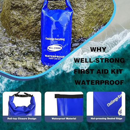 Boat First Aid Kit with Survival Tools, 123pcs Waterproof Emergency Marine Kit with Buckles, Compact Boat Safety Accessories for Fishing Kayaking Boating Camping Rafting Beach Blue