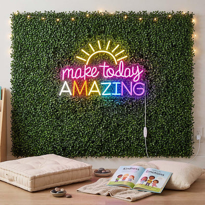 Fumete 13 Pcs Green Reading Corner Classroom Calming Corner Decor 10 x 10" Grass Wall Panels with Make Today Amazing Neon Sign Classroom Greenery Wall Decoration for Home School Party Supplies