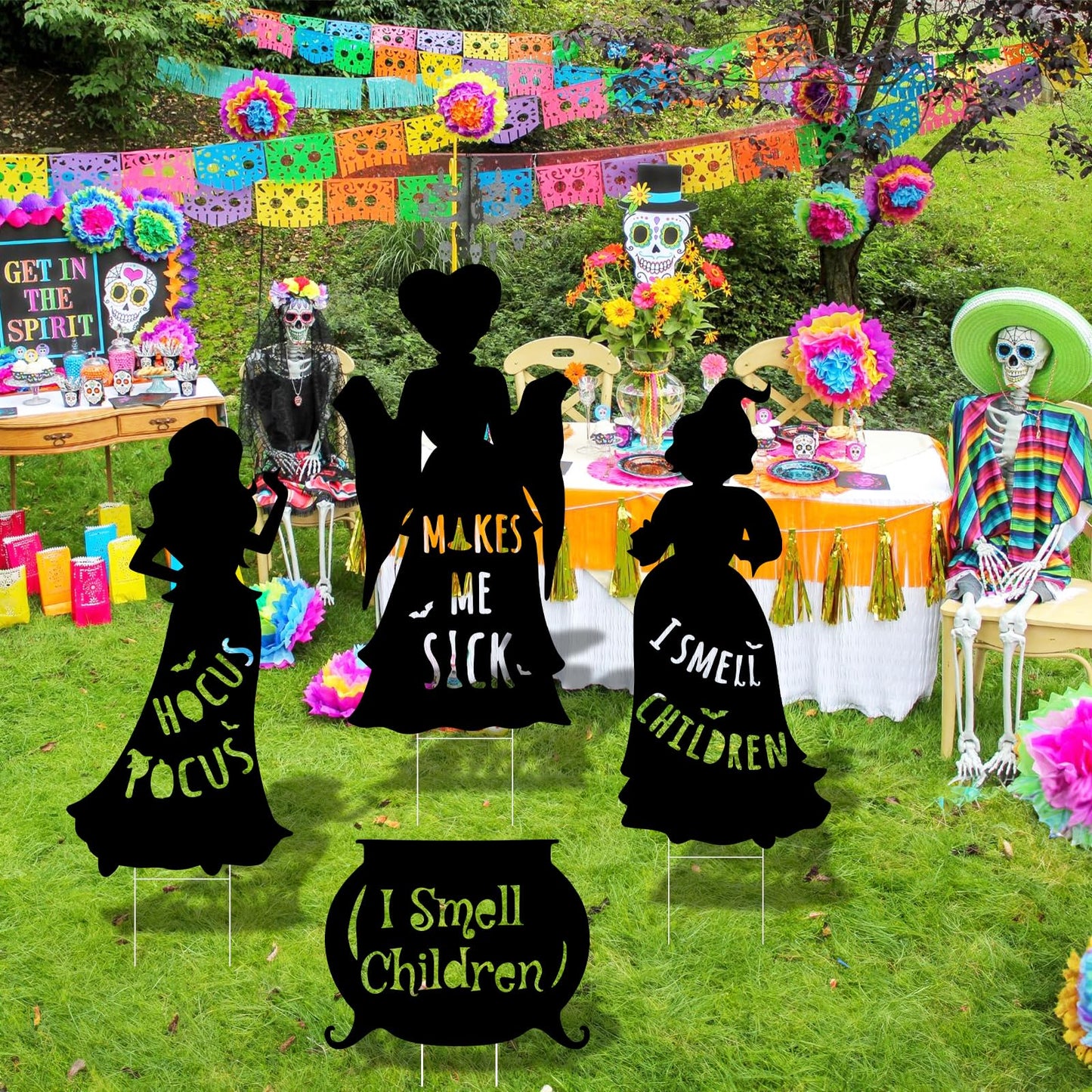 Arosche Extra Large Halloween Decorations Outdoor Hocus Pocus Yard Sign with Stakes 4 pack Witches Silhouette Themed I Smell Children Hocus Pocus Halloween Decor for Lawn, Yard, Garden, Party
