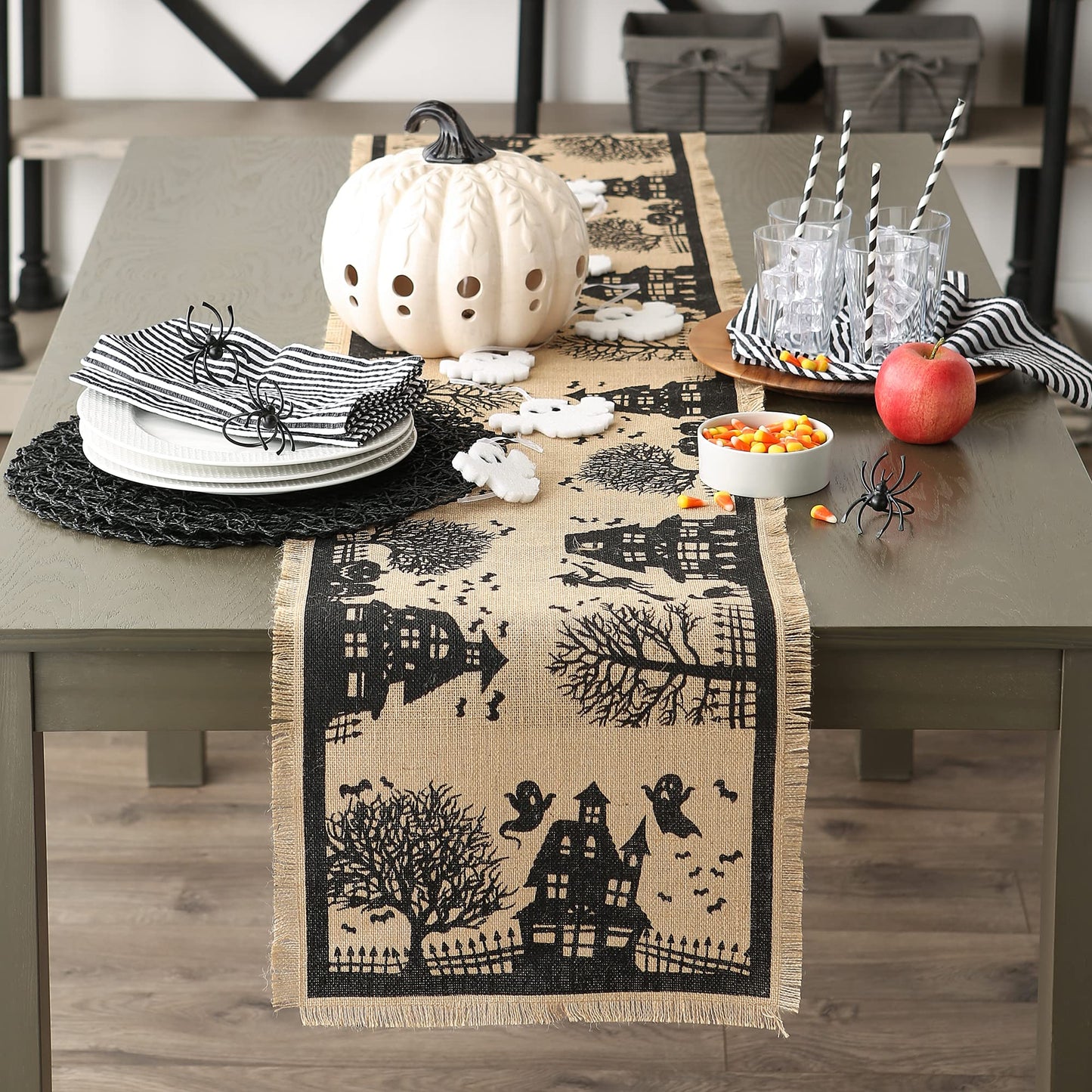 DII Halloween Primitive Style Burlap Tabletop Décor, Spooky Haunted House Jute, Table Runner, 14x113, Black & Tan
