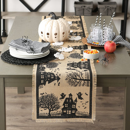 DII Halloween Primitive Style Burlap Tabletop Décor, Spooky Haunted House Jute, Table Runner, 14x113, Black & Tan