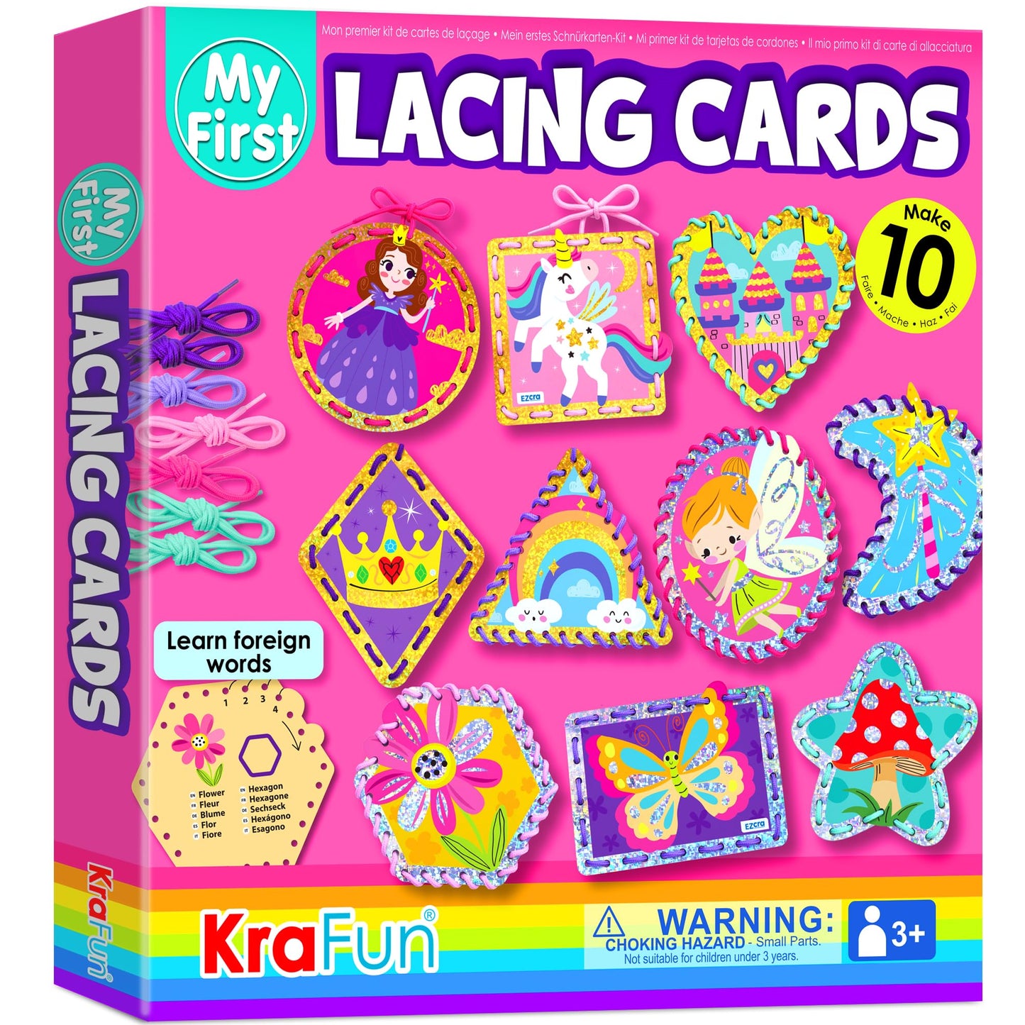 KRAFUN My First Lacing Cards for Girls Age 3+, 10 Holographic Princess Unicorn Arts & Crafts Projects, Fine Motor Skills Toys, Premium Foil Activity Set with Princess Unicorn Fairy Castle Butterfly