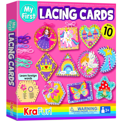 KRAFUN My First Lacing Cards for Girls Age 3+, 10 Holographic Princess Unicorn Arts & Crafts Projects, Fine Motor Skills Toys, Premium Foil Activity Set with Princess Unicorn Fairy Castle Butterfly