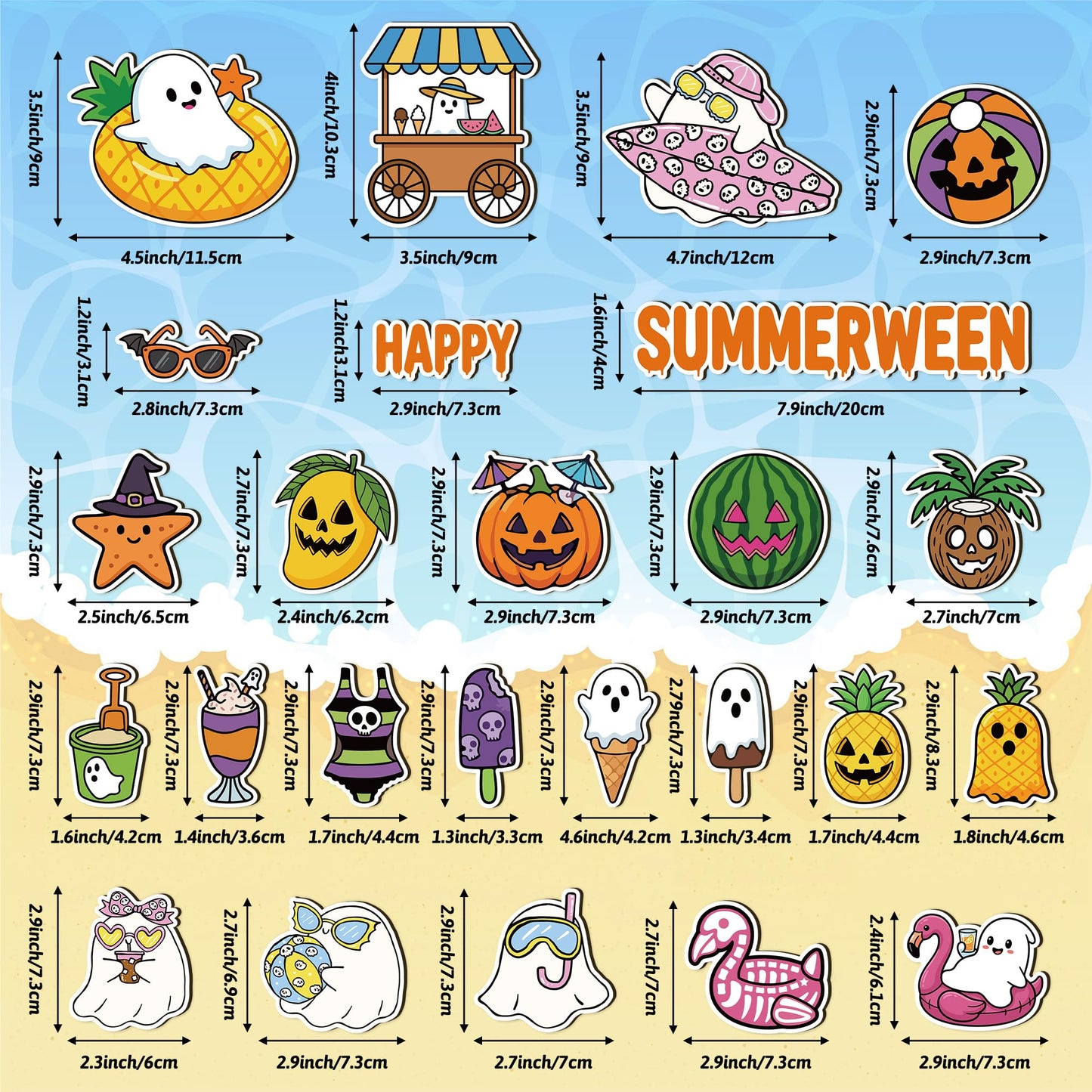 Eartim Summerween Spooky Fridge Magnet - 25Pcs Cartoon Summer Fruit Ice Cream Pumpkin Ghost Refrigerator Magnetic Sticker for Summer Theme Kids Birthday Party Refrigerator Class Bulletin Board Decor