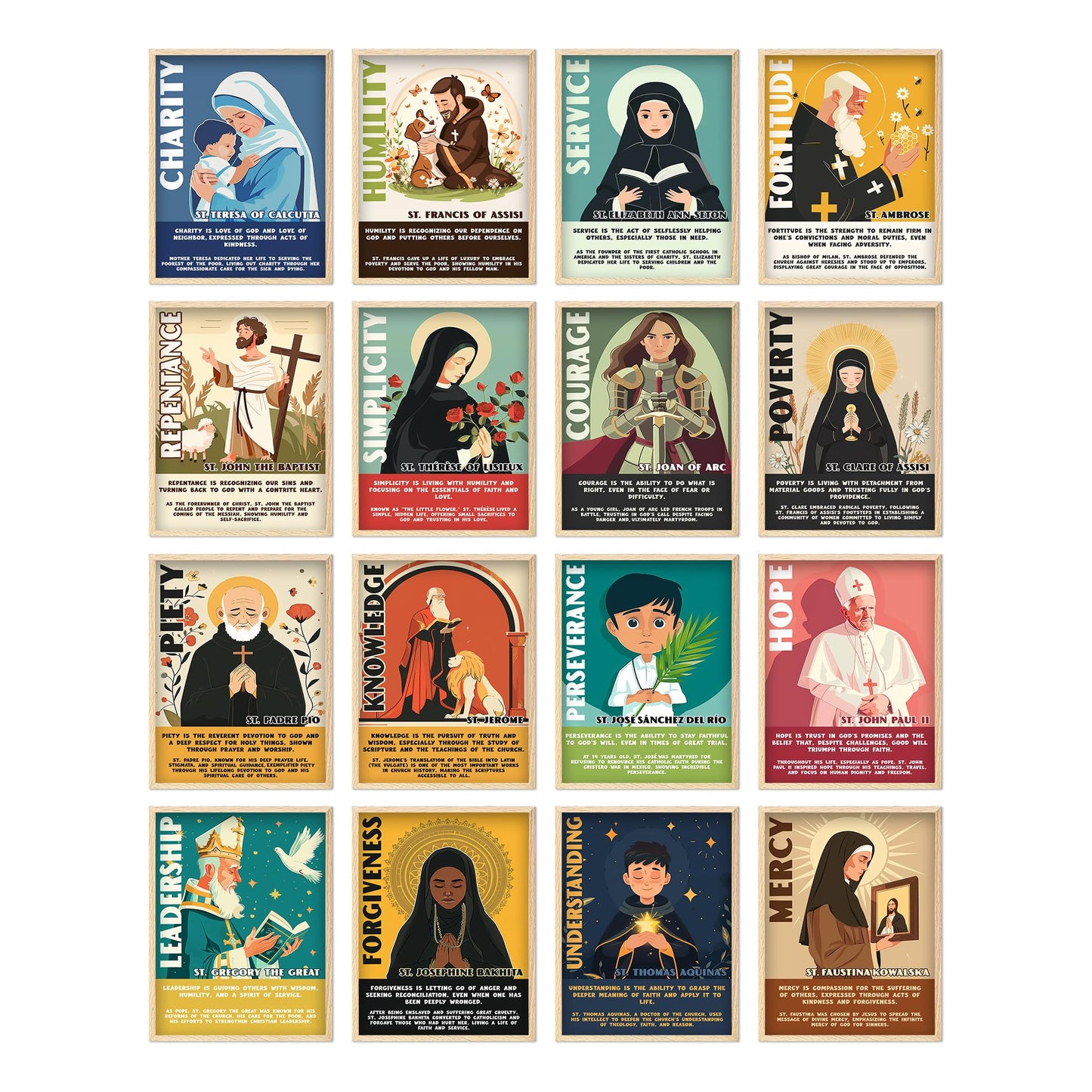 Catholic Saints Posters for Kids - Set of 16 (11x14) Unframed Christian Classroom Decor - Bible Virtues Quotes from Saints - Sunday School & Faith Bulletin Board Decorations