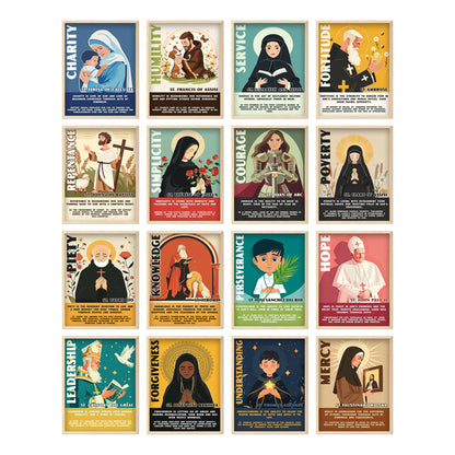 Catholic Saints Posters for Kids - Set of 16 (11x14) Unframed Christian Classroom Decor - Bible Virtues Quotes from Saints - Sunday School & Faith Bulletin Board Decorations