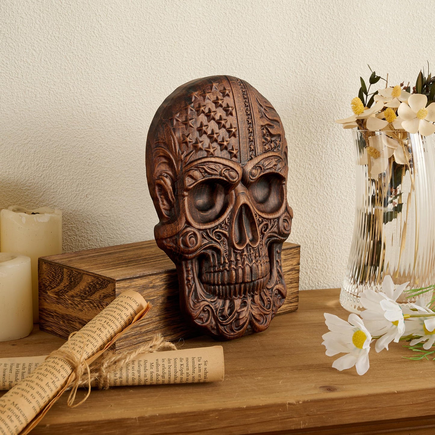 bgcarpenter Wooden Skull Statue with USA Flag, Handmade Skull Wall Decor, Human Head Model Halloween (8 Inch)