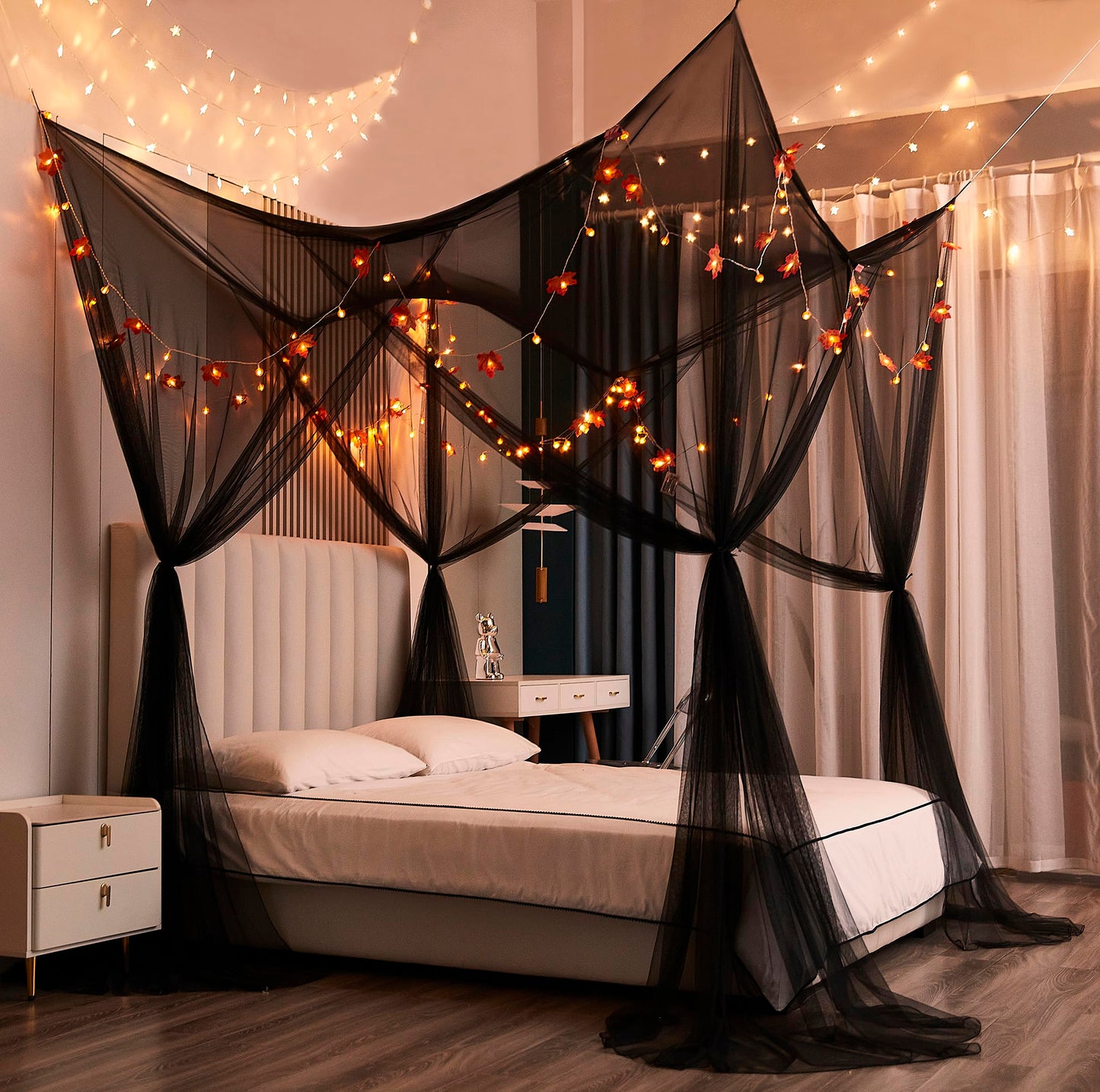 Mengersi Bed Canopy with Lights,Maple Leaf Pumpkin Canopy Bed Curtains Mosquito net,Halloween Theme Party Supplies Festival Decor,Black