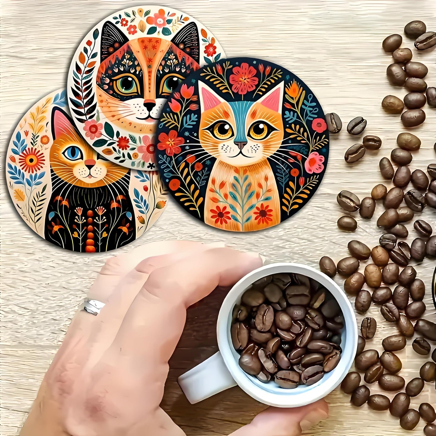 Monattrod Wood Coasters Set of 6 - Handcrafted Drink Coaster Thick Heat-Resistant for Office, Bar, Farmhouse - Cute Cat Drink Cup Coasters for Table Protection