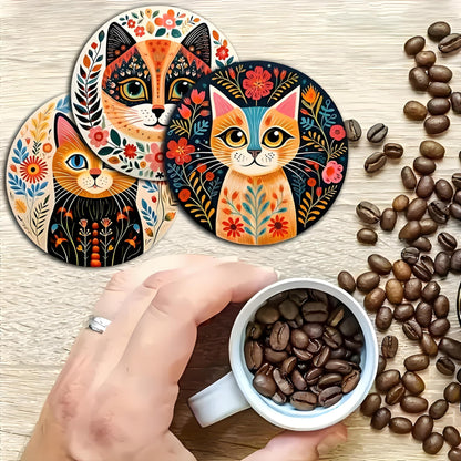 Monattrod Wood Coasters Set of 6 - Handcrafted Drink Coaster Thick Heat-Resistant for Office, Bar, Farmhouse - Cute Cat Drink Cup Coasters for Table Protection