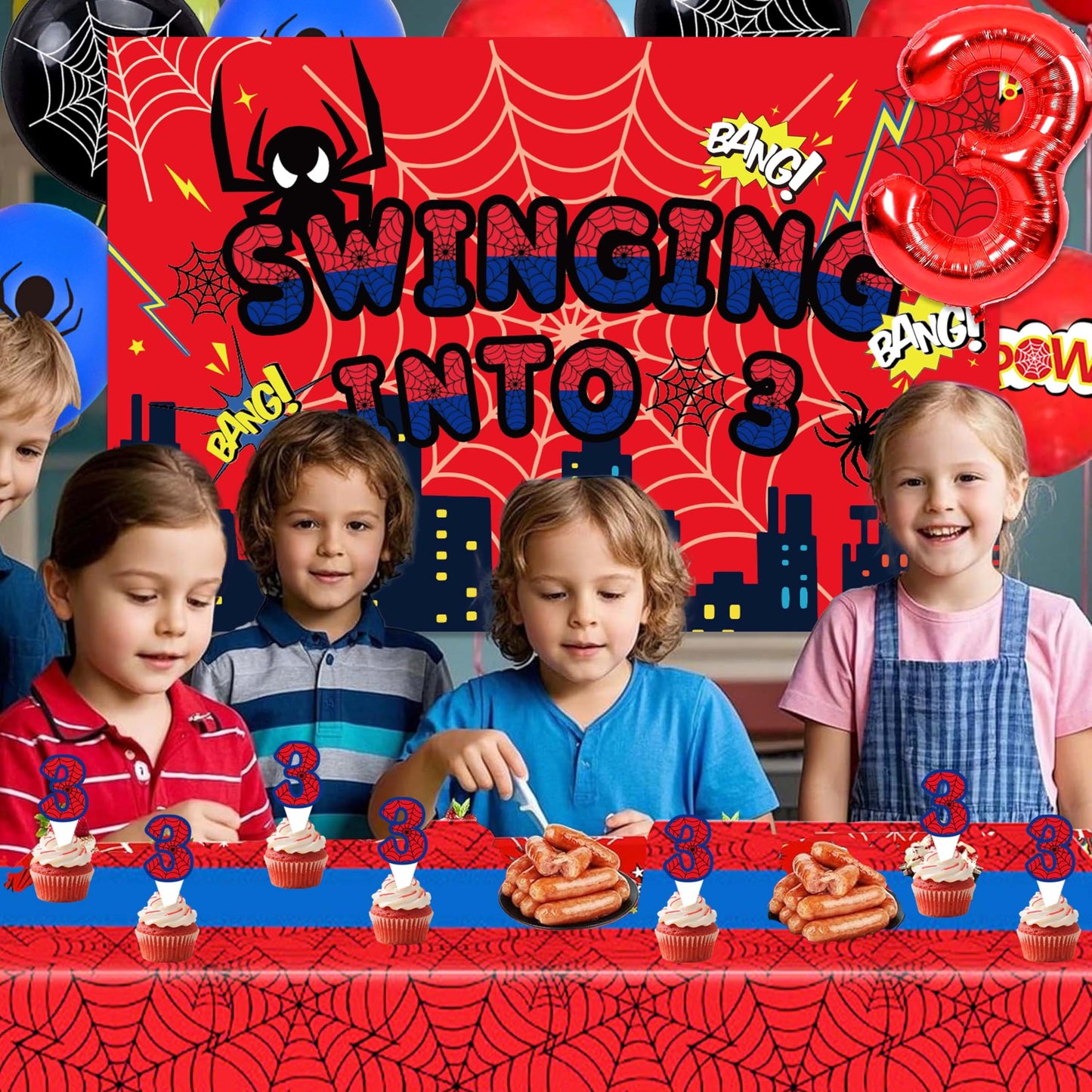 3rd Red Spider Web Birthday Party Decorations For Boy, 3rd Birthday Backdrop Tablecloth Fringe Curtain Balloon Arch,Cake Topper Party Supplies