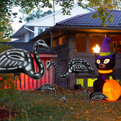 GIFTEXPRESS 2-Pack Halloween Black Flamingo Skeleton, Zombie Flamingos, Skull Flamingo with Stakes for Halloween Lawn Ornaments, Spooky Graveyard Decorations