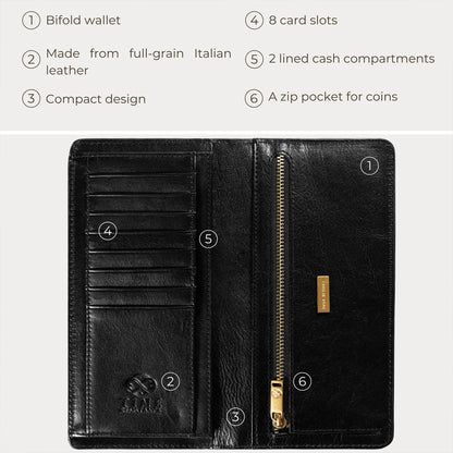 Time Resistance Long Leather Wallet - Bifold Mens Suit Leather Wallet - Checkbook Wallet - Tall Billfold Card Case - Slim Wallet Made in Italy (Black)